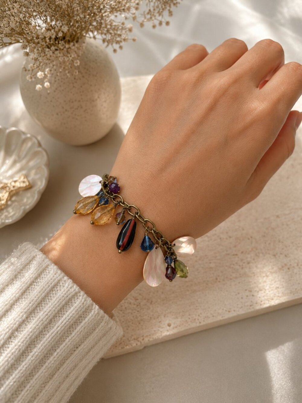 Vintage Mother of Pearl Charm Bracelet | Multicolor Beaded Antique Brass Tone